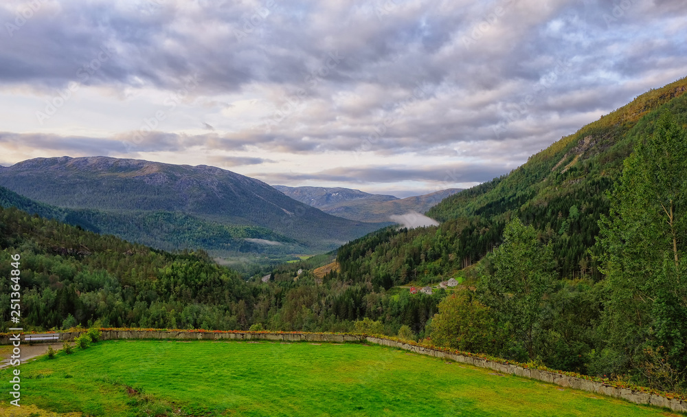 Beautiful view on Naeroydalen Valley and Peaks On Stalheim, Voss Norway