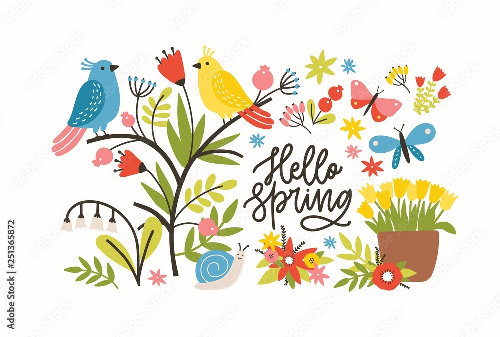 Seasonal horizontal banner template with Hello Spring phrase, blooming meadow flowers, cute pretty funny birds and butterflies on white background. Flat decorative floral vector illustration.