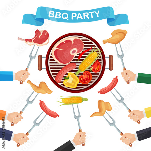 Portable round barbecue with grill sausage, beef steak, fried chicken, meat vegetables isolated on background. BBQ picnic, family party. Barbeque icon. Cookout event concept Vector flat illustration