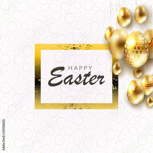 Easter composition with eggs of brilliant golden hue and texture frame,