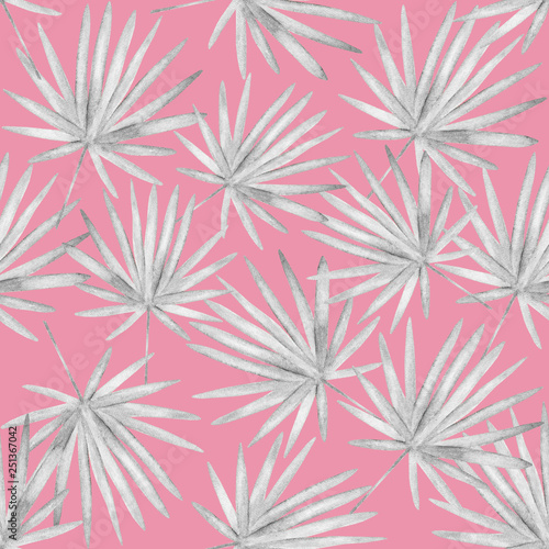  Seamless pattern with tropical flowers and leaves in watercolor style. Hand drawn tropical watercolor illustration. Use as background texture, wrapping paper, textile or wallpaper design, postcard.