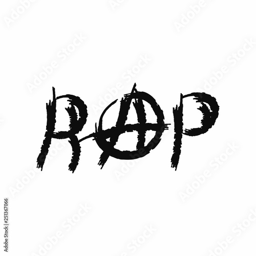 Inscription Rap with the sign of anarchy. Grunge style. Vector illustration drawn by watercolour brush. Sketch, watercolor, paint.