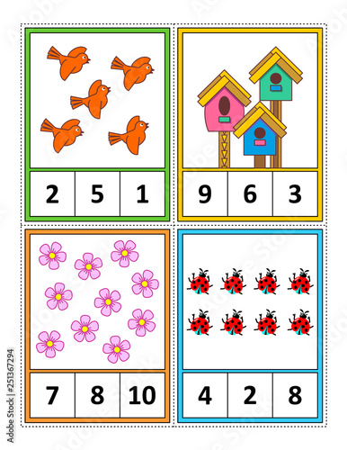 Spring season themed counting 1 to 10 practice for kids worksheet or four task cards (when cut along the dotted lines): Count. Circle the correct answer. - Language independent.
