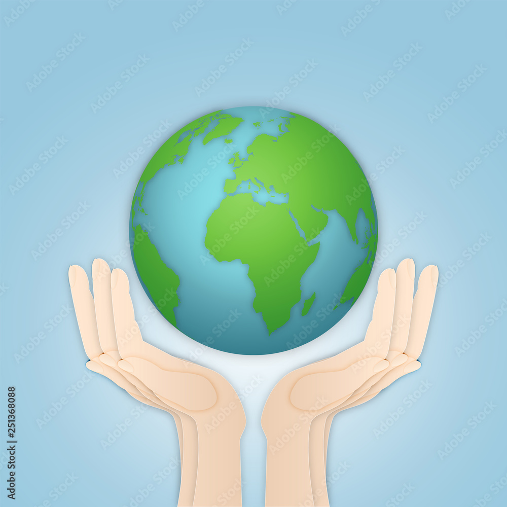 Hands hold the world isolated on blue background as Saving , Love the earth and Ecology concept. vector illustration. Hands hold the world isolated on blue background as Saving , Love the earth and Ecology concept. vector illustration.