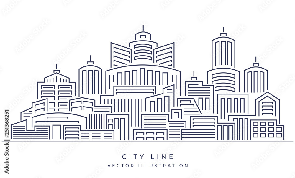 Line modern urban big city panorama with color building on background. Outline skyscrapers. vector illustration