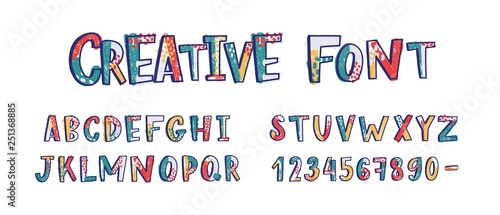 Creative latin font or english alphabet hand drawn on white background. Textured letters arranged in alphabetical order and figures or digits decorated with dots and smears. Vector illustration.