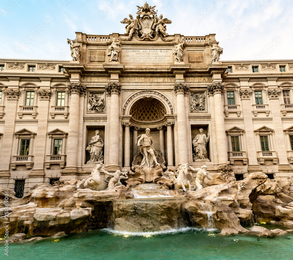 The famous Trevi Fountain, the largest Baroque Fountain in Rome, located in the Trevi district, designed by Italian architect Nicola Salvi and completed by Guiseppe Pannini and several others.