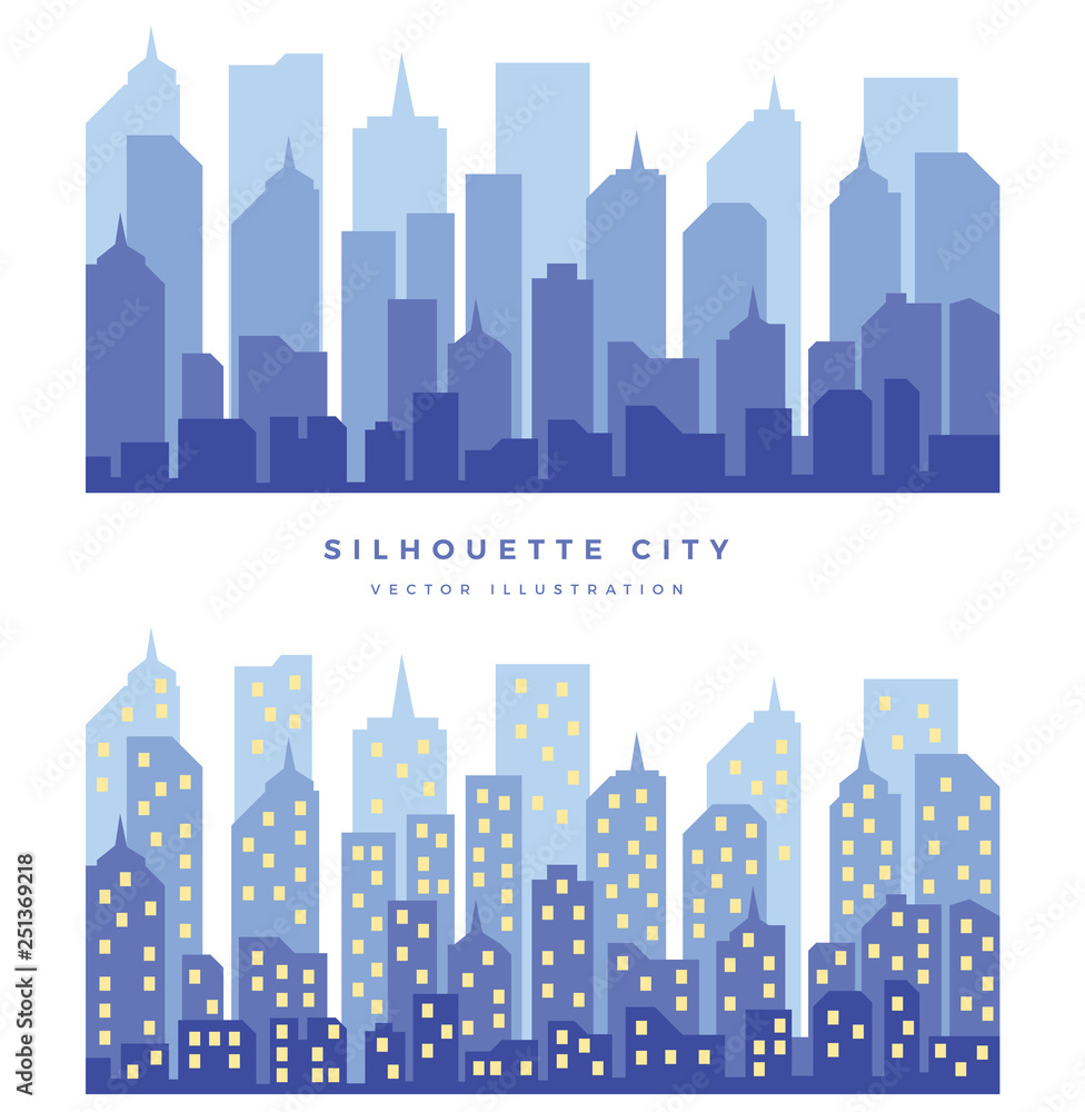 Two illustrations of the silhouette of the city and city night