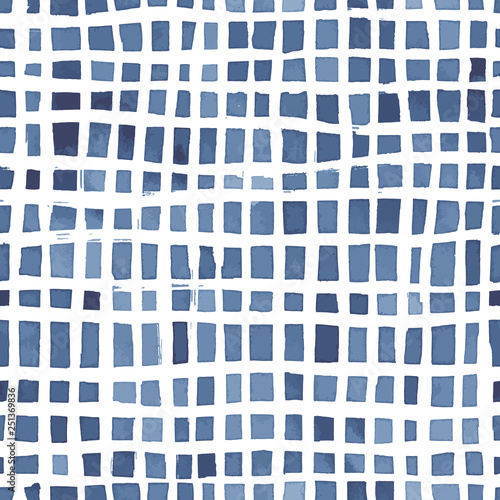 Hand painted checkered indigo background. Seamless vector pattern