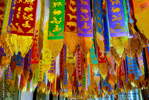 Buddhist flags in Temple, Chiang Mai, Thailand.