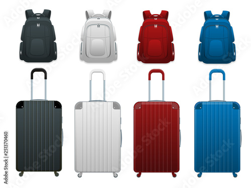 Different colorful Business and family vacation travel luggage bag, handbag baggage modern. Set of suitcases and backpacks isolated on white.