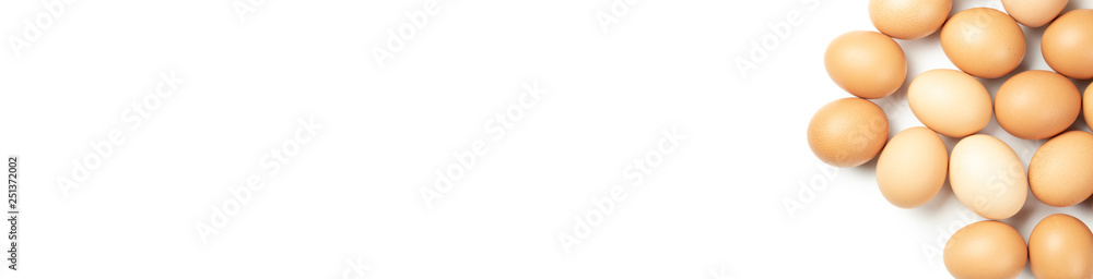Banner of Chicken eggs on white background. Top view Banner of Chicken eggs on white background. Top view