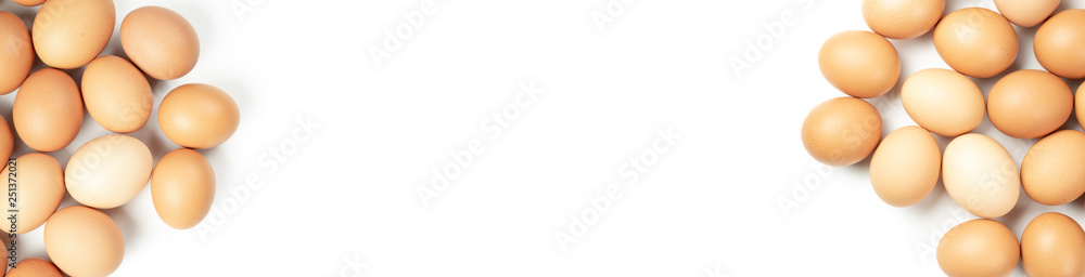 Banner of Chicken eggs on white background. Top view Banner of Chicken eggs on white background. Top view