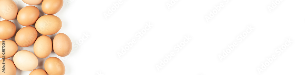 Banner of Chicken eggs on white background. Top view Banner of Chicken eggs on white background. Top view