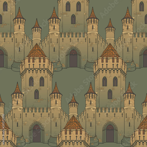 Medieval city architecture. Seamless pattern in a style of a medieval tapestry or illuminated manuscript. EPS10 vector illustration