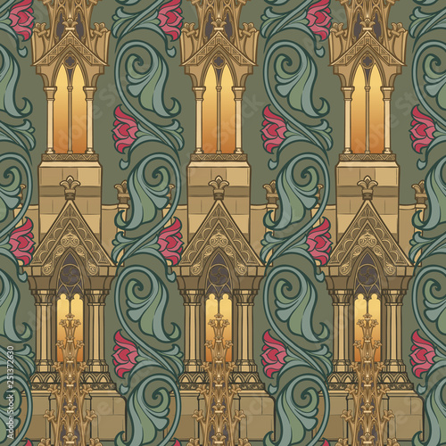 Medieval architectual elements. Seamless pattern in a style of a medieval tapestry or illuminated manuscript. EPS10 vector illustration