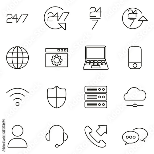 Nonstop Service or 247 Service Icons Thin Line Vector Illustration Set
