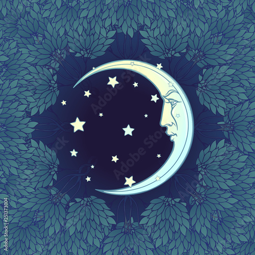 Decorative composition with stylized human faced moon and stars. Medieval gothic style seamless pattern. EPS10 vector illustration