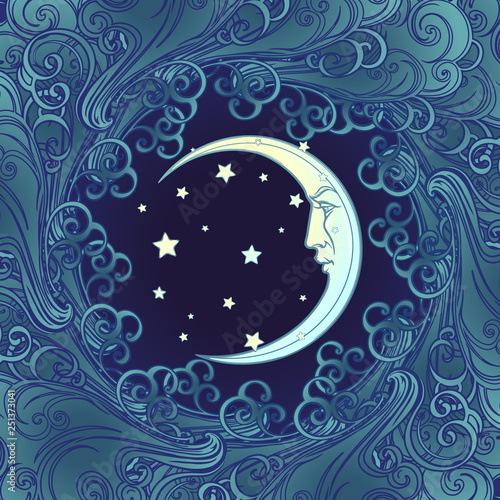 Decorative composition with stylized human faced moon and stars. Medieval gothic style seamless pattern. EPS10 vector illustration