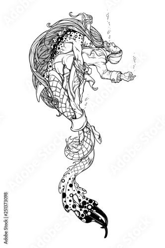 Triton saving a drowning fisherman. Gender reversed story about a little mermaid. Concept illustration. Black and white drawing isolated on white background. EPS10 vector illustration