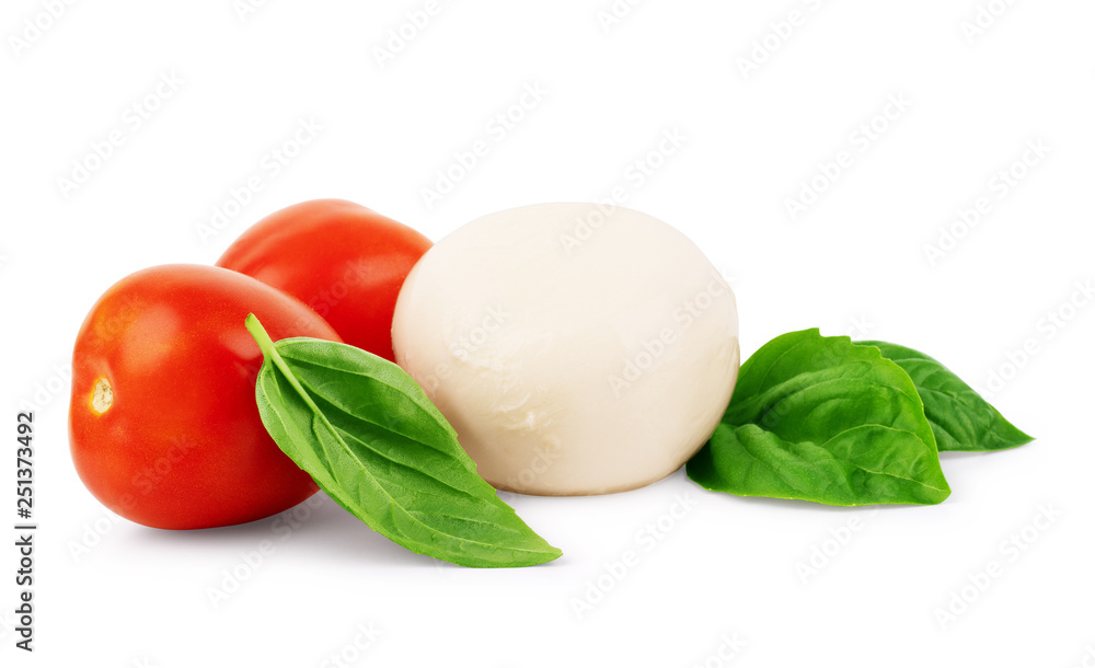 Mozzarella cheese with cherry tomatoes and basil on a white background Mozzarella cheese with cherry tomatoes and basil on a white background
