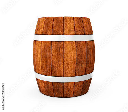 Wooden barrel with iron hoops isolated on white background. 3d rendering. Old barrel with rust on the hoops. Front view photo