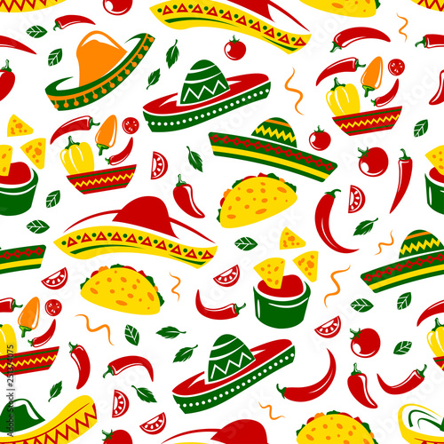 Mexican cuisine food and sombrero seamless pattern