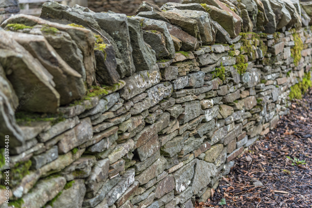 Traditional dry stone wall in the Welsh countryside with bark along side a path.