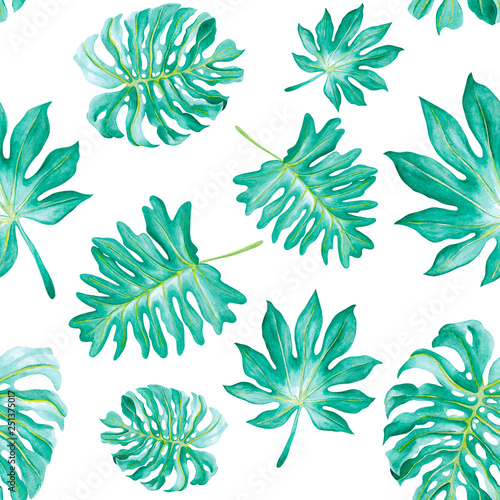 Seamless pattern with tropical flowers and leaves in watercolor style. Hand drawn tropical watercolor illustration. Use as background texture, wrapping paper, textile or wallpaper design, postcard.Han © aksinyalady