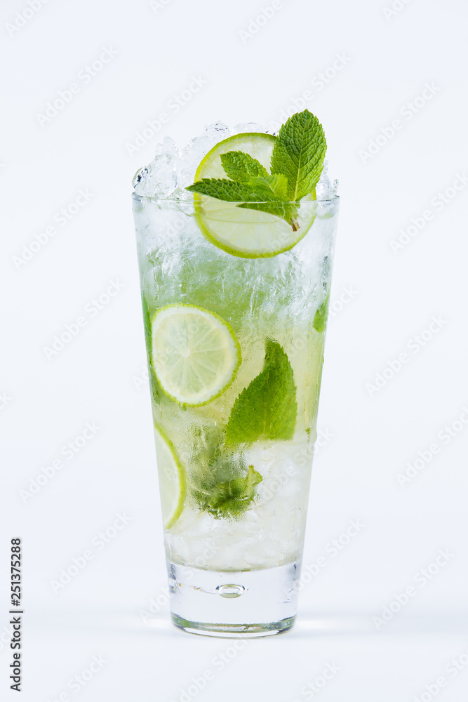 mojito cocktail with lime and mint isolated on white mojito cocktail with lime and mint isolated on white