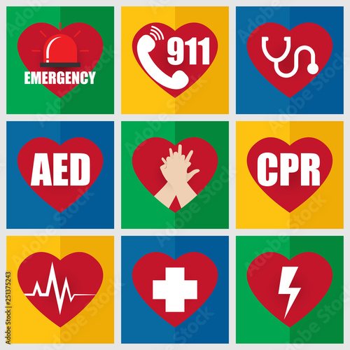 Set of Emergency Flat Icon about First Aid and CPR