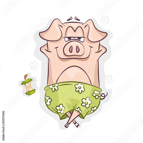 Pig in green shorts, lying on the sand on the beach. It can be used for sticker, patch, phone case, poster, mug and other design