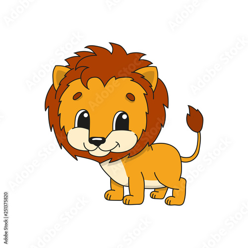 Orange lion. Cute flat vector illustration in childish cartoon style. Funny character. Isolated on white background.