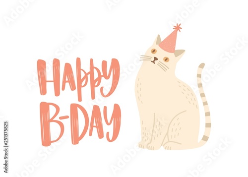 Festive greeting card or postcard template with Happy B-Day wish written with stylish calligraphic font and cute cat in cone hat