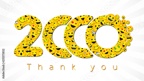 Thank you 2 000 followers logotype. Congratulating bright 2.000 networking thanks, net friends yellow symbol, 2000k sign with people faces. Isolated smiling numbers. Abstract graphic design template.