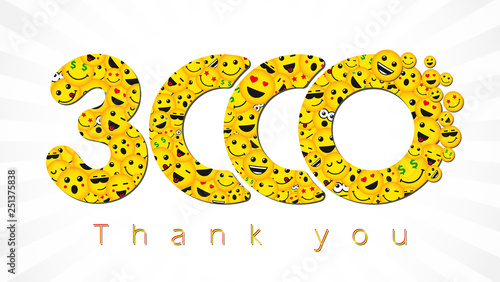 Thank you 3 000 followers logotype. Congratulating bright 3.000 networking thanks, net friends yellow symbol, 3000k sign with people faces. Isolated smiling numbers. Abstract graphic design template.