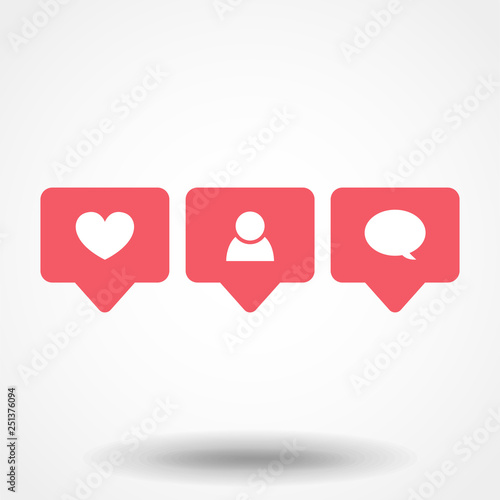 Social media set notifications icons: like, follower, comment. Vector illustration
