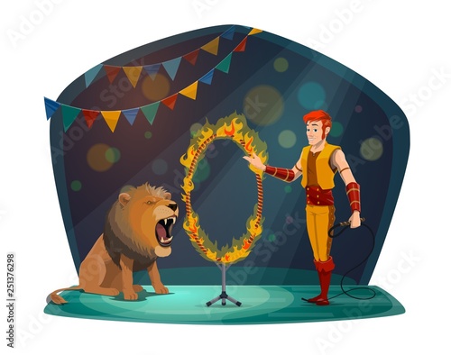 Circus trainer and linon in fire circle