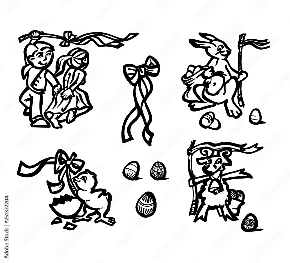 Fototapeta premium Easter egg hunt, chicken, bunny, lamb, easter eggs and ribbon, icon set black and white