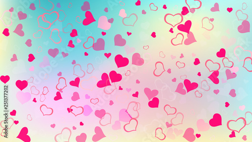 Red on Gradient fond Vector. The idea of wallpaper design, textiles, packaging, printing, holiday invitation for birthday. Light background. Red hearts of confetti crumbled.