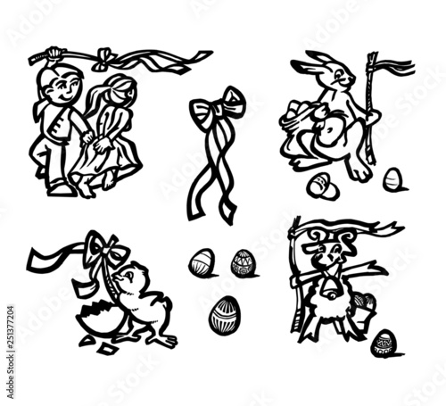 Easter egg hunt, chicken, bunny, lamb, easter eggs and ribbon, icon set black and white