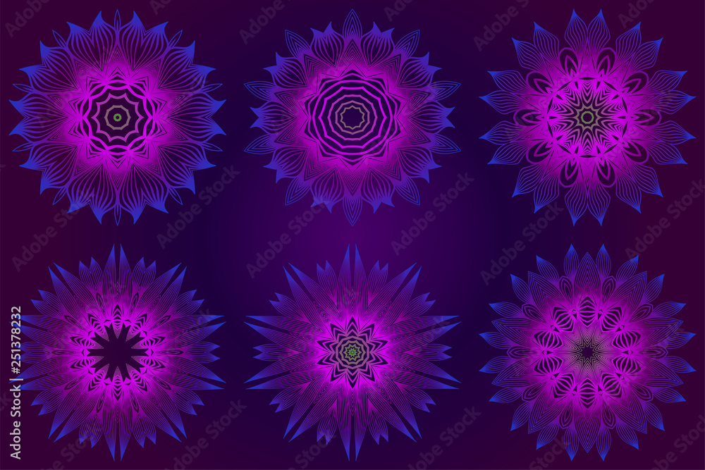 Set of Anti-Stress Therapy Pattern. Mandala. For Design Backgrounds. Vector Illustration. Can Be Used For Textile, Greeting Card, Coloring Book, Phone Case Print. Purple color Set of Anti-Stress Therapy Pattern. Mandala. For Design Backgrounds. Vector Illustration. Can Be Used For Textile, Greeting Card, Coloring Book, Phone Case Print. Purple color