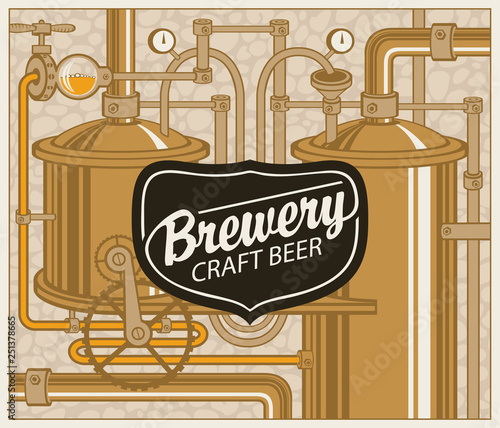 Vector banner for craft beer and brewery, with a calligraphic inscription on the background illustration of the production line of the old brewery in retro style