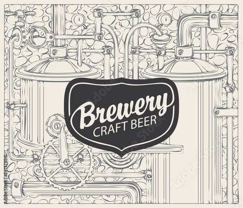 Vector banner for craft beer and brewery, with a calligraphic inscription on the background illustration of the production line of the old brewery in retro style