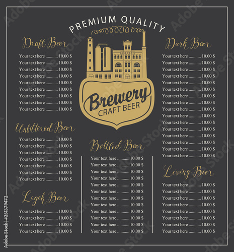 Vector craft beer menu with the image of the brewery building in retro style and price list with handwritten inscriptions on the black background