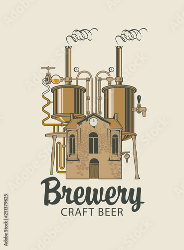 Vector banner for brewery and craft beer with a calligraphic inscription and image of house with barrels on the roof in retro style. Icon or label for old brewery.