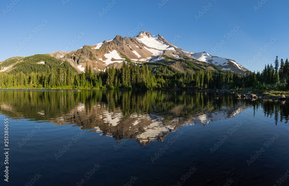 Mt Jefferson reflection in Scout Lake. Mount Jefferson Wilderness Area, Oregon.
