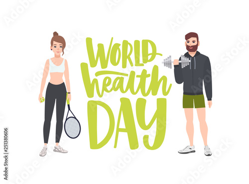World Health Day celebratory banner with people performing physical exercise, fitness workout, sports, male bodybuilder with dumbbell and female tennis player