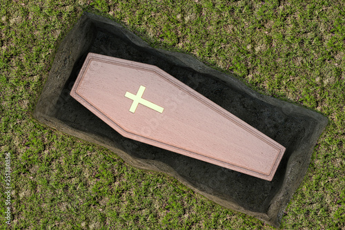 Wooden Coffin With Golden Cross and Handles in Ground Hole Grave. 3d Rendering