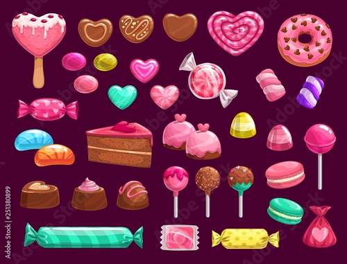 Love heart candies, sweets and cakes